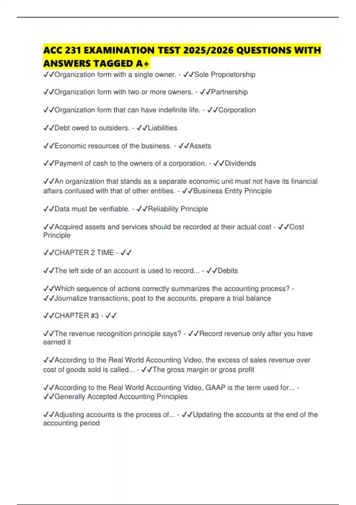 ACC 231 EXAMINATION TEST 2025/2026 QUESTIONS WITH ANSWERS TAGGED A+ ...