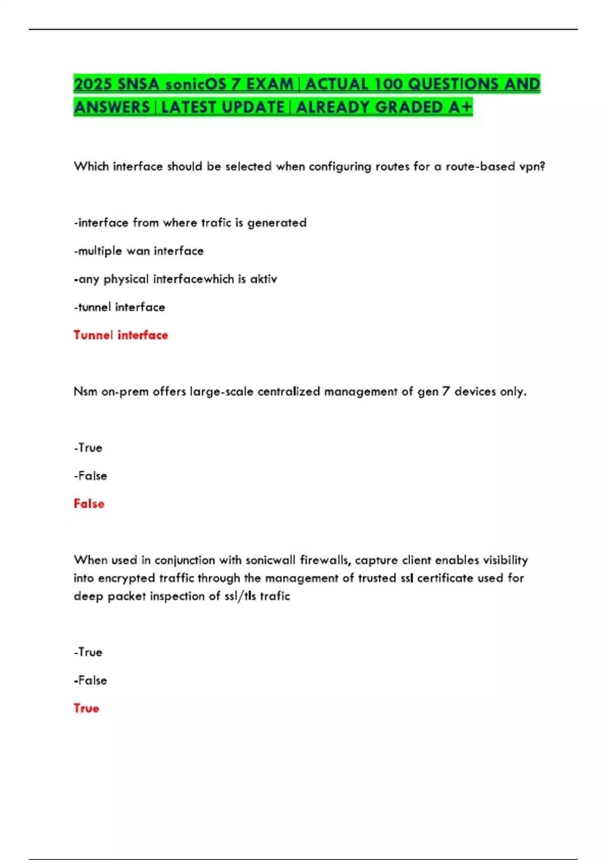 Snsa Numbers Examples 2025 SNSA sonicOS 7 EXAM|ACTUAL 100 QUESTIONS AND ANSWERS|LATEST UPDATE ...
