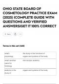 OHIO STATE BOARD OF COSMETOLOGY PRACTICE EXAM &lpar;2025&rpar; &vert;COMPLETE GUIDE WITH QUESTIONS AND VERIFIED ANSWERS&vert;GET IT 100&percnt; CORRECT