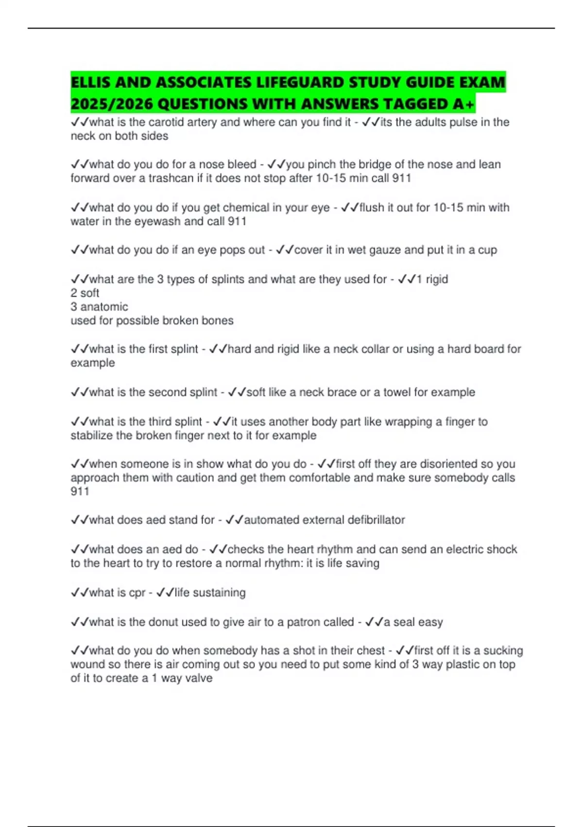 ELLIS AND ASSOCIATES LIFEGUARD STUDY GUIDE EXAM 2025/2026 QUESTIONS ...