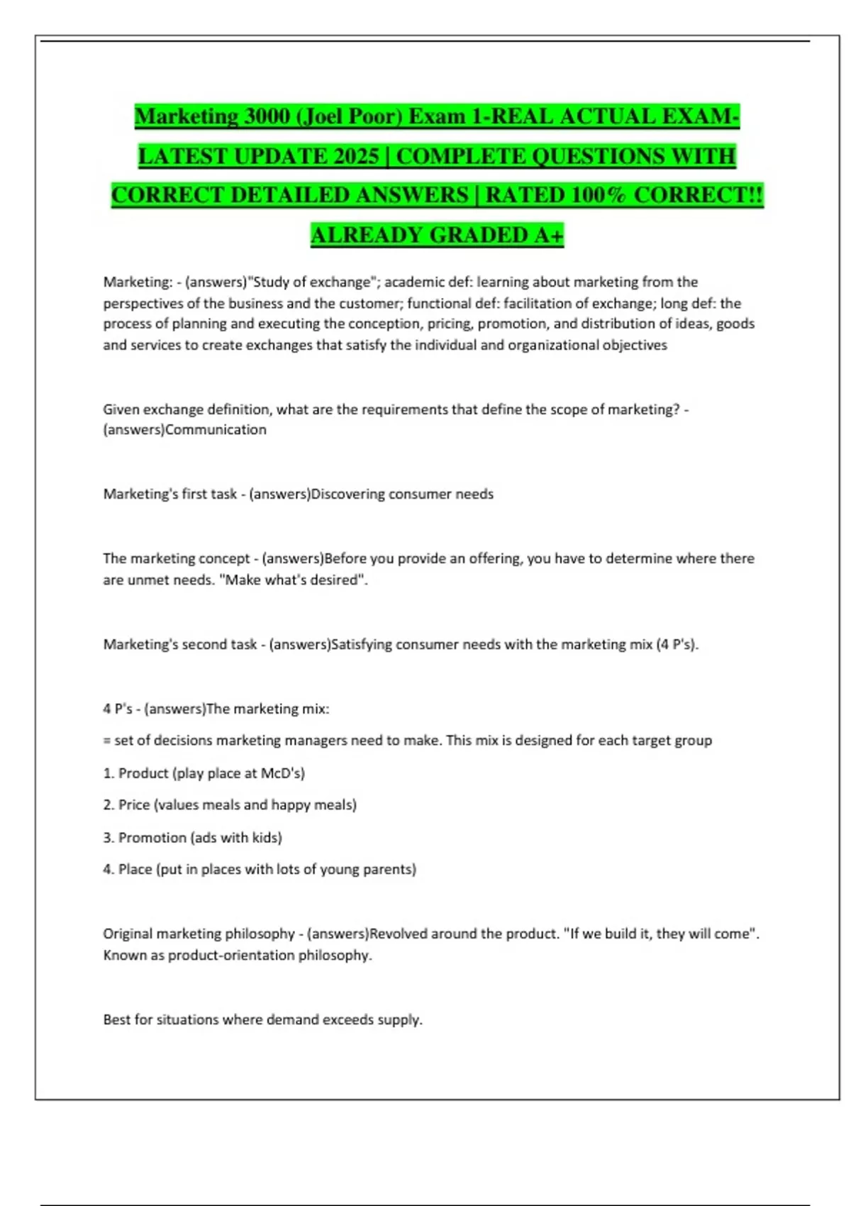Marketing 3000 (Joel Poor) Exam 1-REAL ACTUAL EXAM-LATEST UPDATE 2025 ...