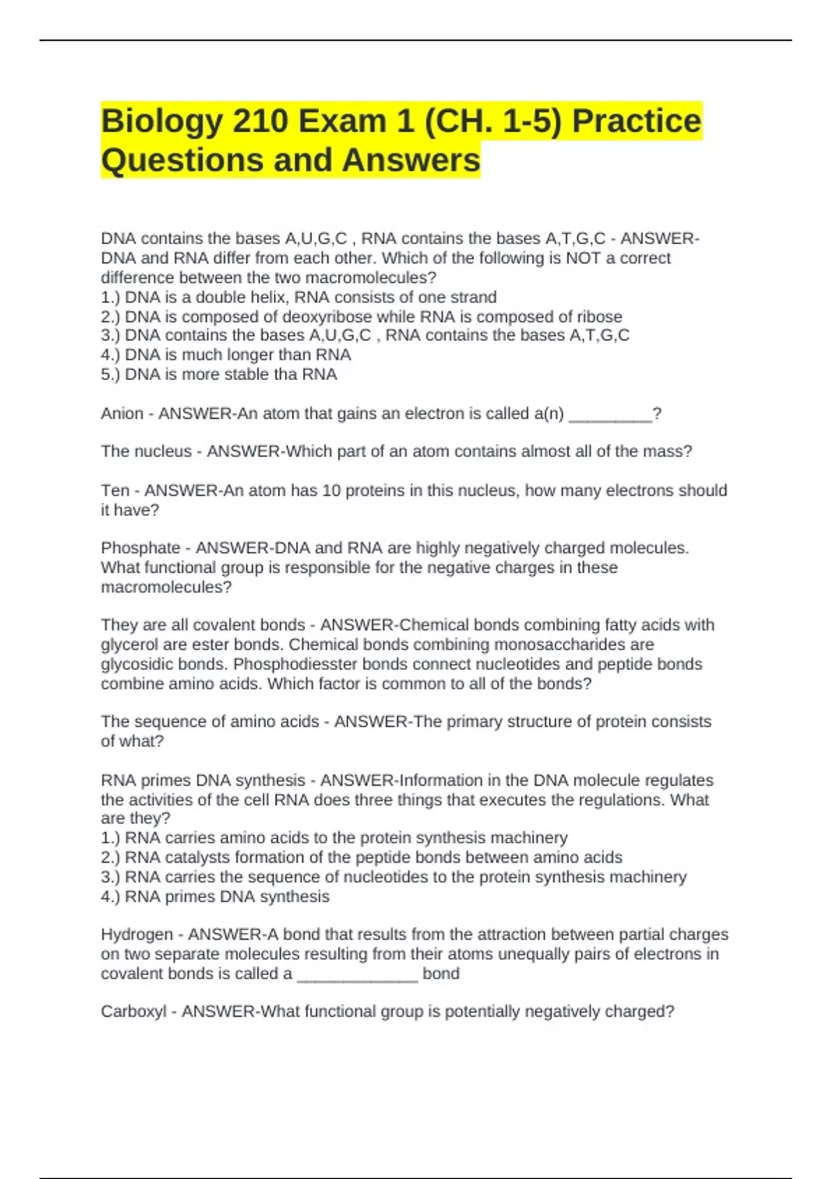 Biology 210 Exam 1 (CH. 1-5) Practice Questions and Answers - BIO 210 ...