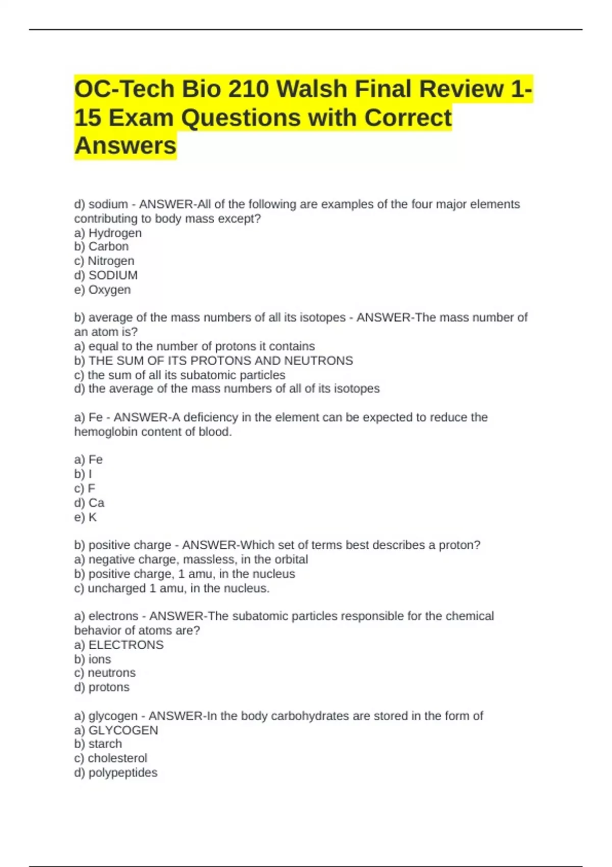 OC-Tech Bio 210 Walsh Final Review 1-15 Exam Questions with Correct ...