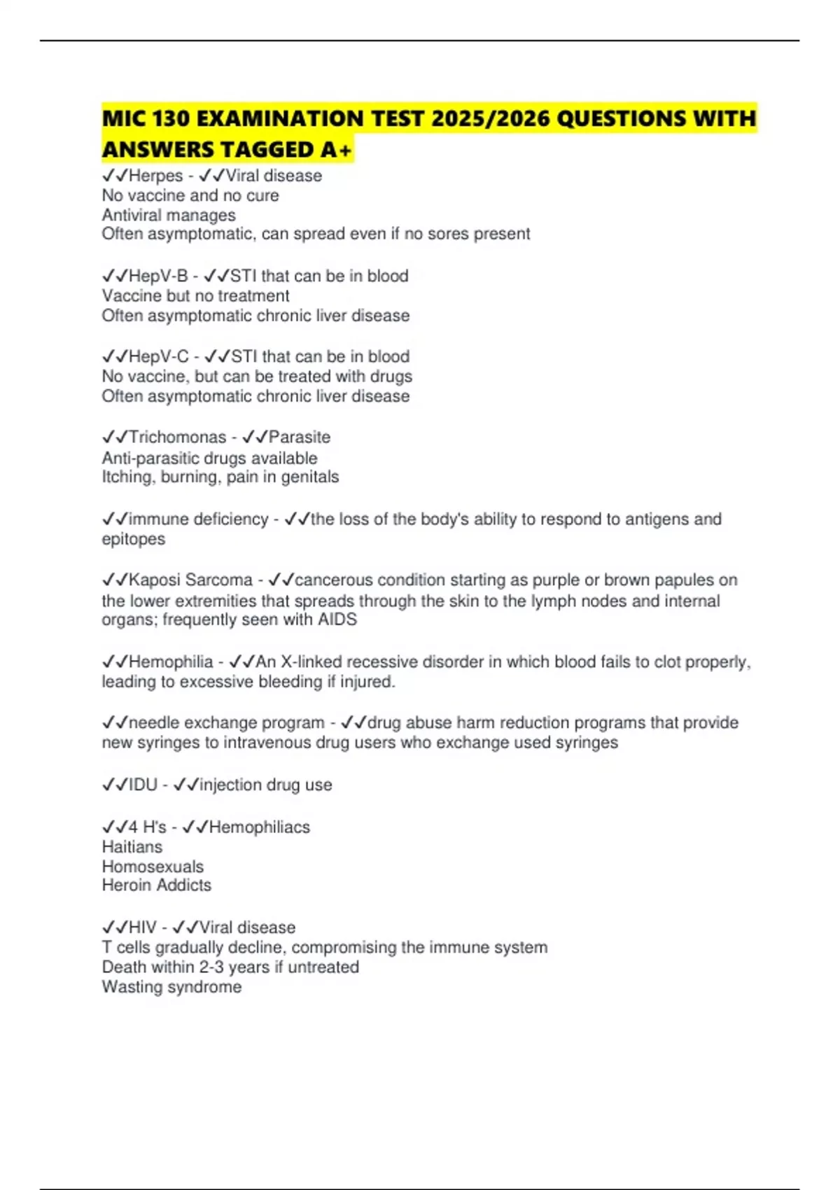MIC 130 EXAMINATION TEST 2025/2026 QUESTIONS WITH ANSWERS TAGGED A+ ...