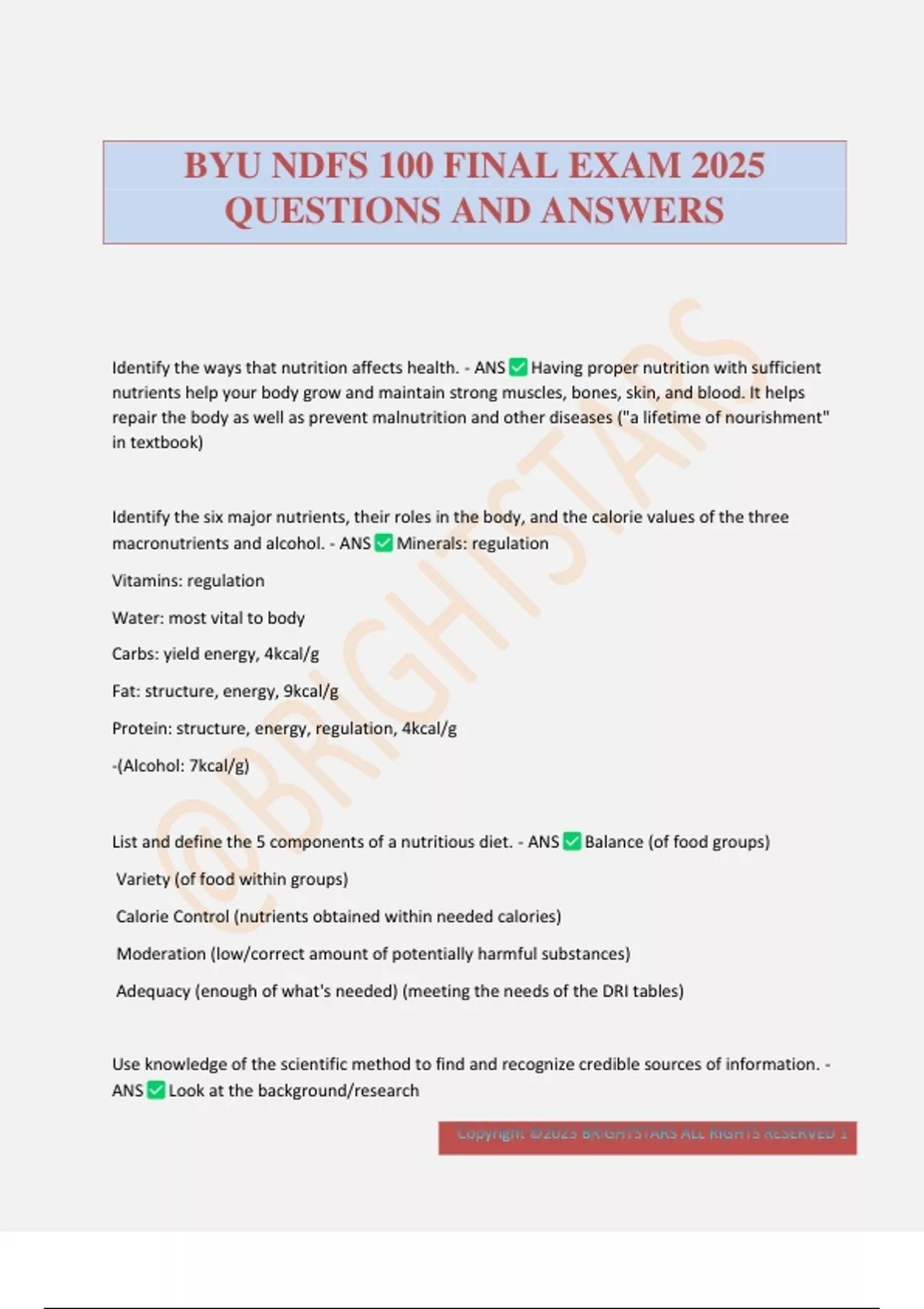 BYU NDFS 100 FINAL EXAM 2025 QUESTIONS AND ANSWERS - BYU NDFS 100 ...