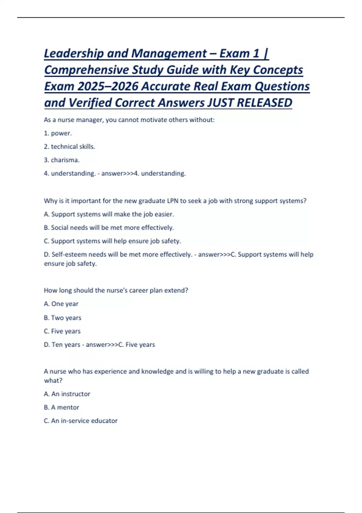 Leadership and Management – Exam 1 Comprehensive Study Guide with Key ...