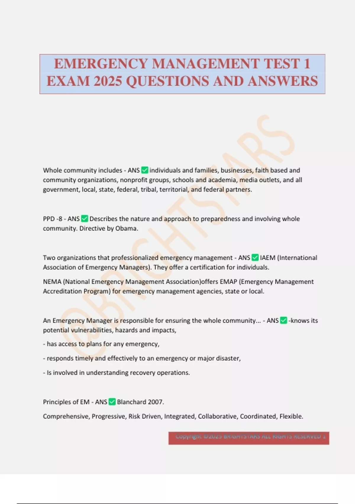 EMERGENCY MANAGEMENT TEST 1 EXAM 2025 QUESTIONS AND ANSWERS - EMERGENCY ...