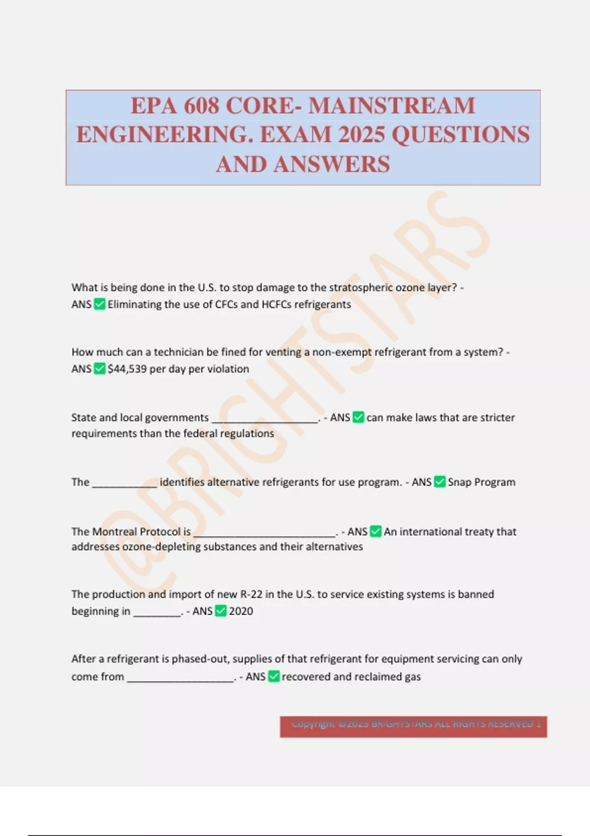 EPA 608 CORE- MAINSTREAM ENGINEERING. EXAM 2025 QUESTIONS AND ANSWERS - EPA 608 - Stuvia US