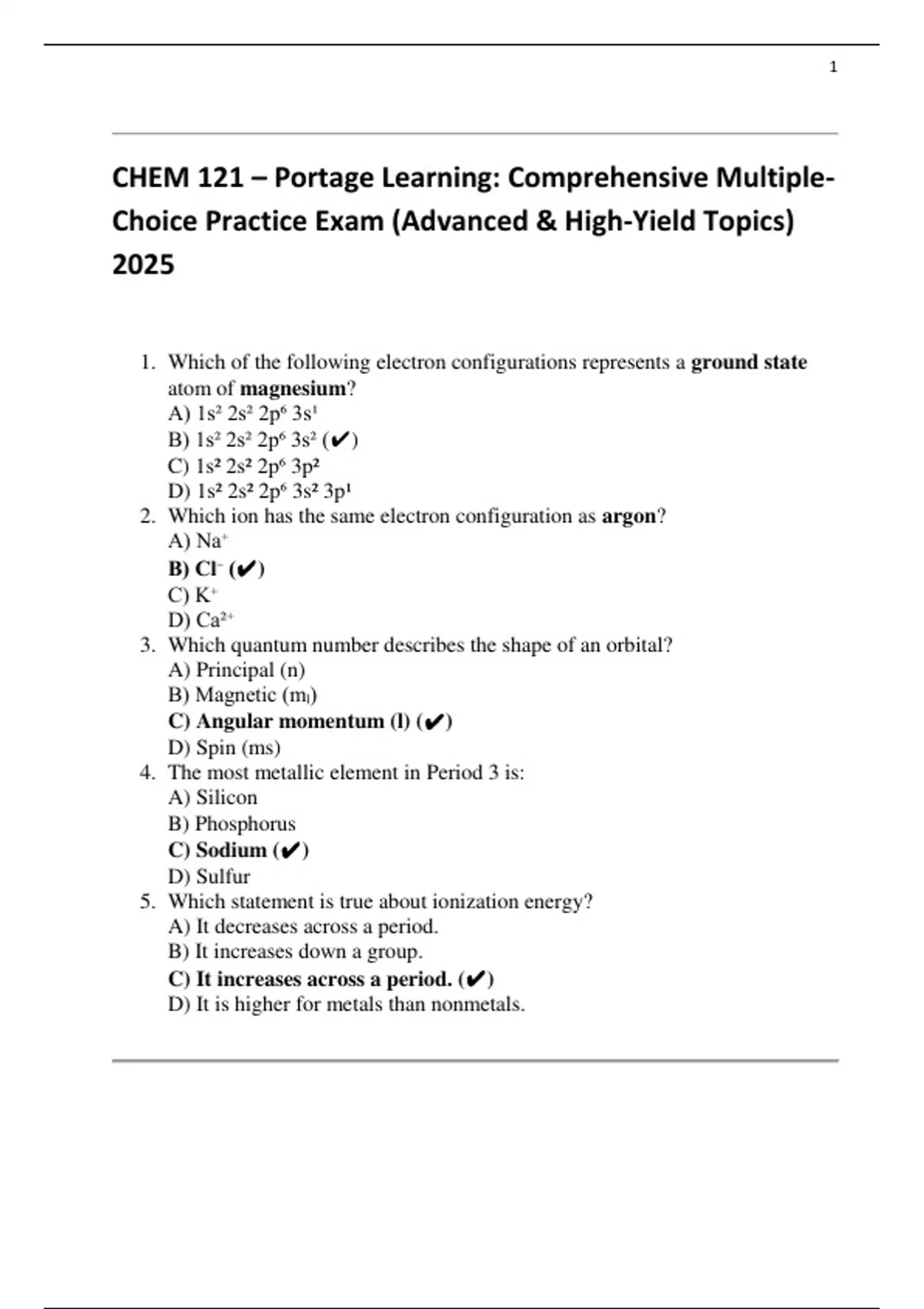 CHEM 121 – Portage Learning: Comprehensive Multiple-Choice Practice ...