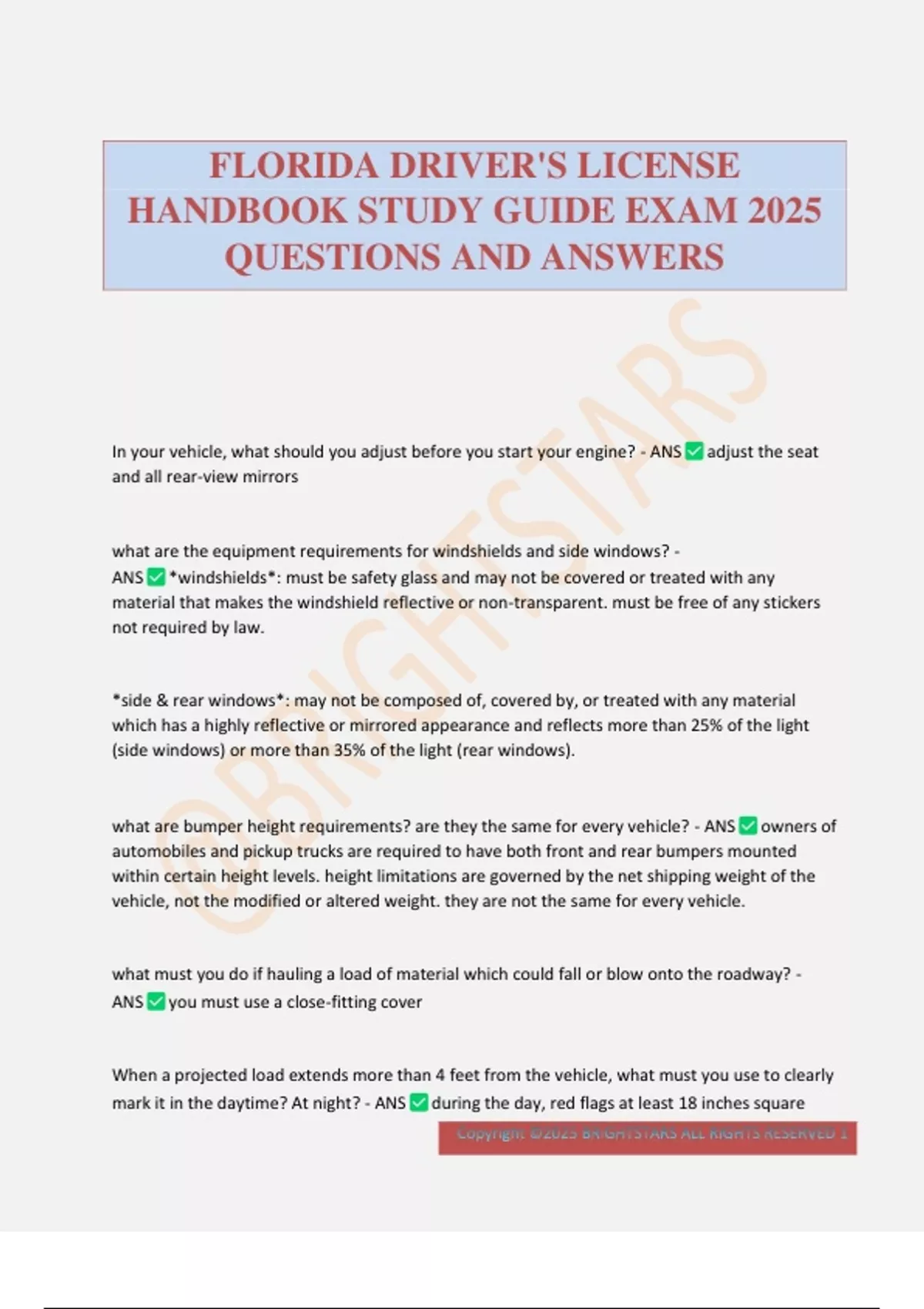 FLORIDA DRIVER'S LICENSE HANDBOOK STUDY GUIDE EXAM 2025 QUESTIONS AND ...