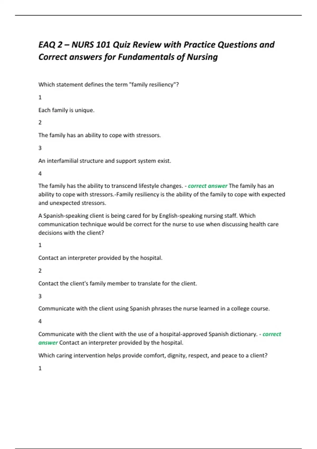 EAQ 2 – NURS 101 Quiz Review with Practice Questions and Correct ...