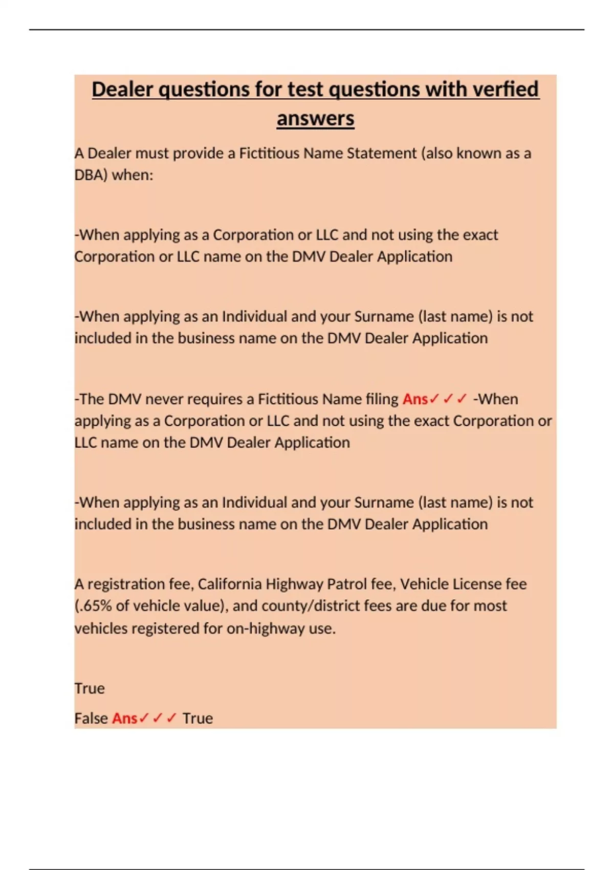 California Dealer License Exam – Practice Questions with Verified ...