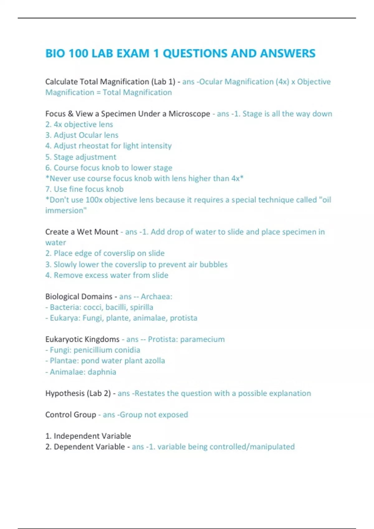 BIO 100 LAB EXAM 1 QUESTIONS AND ANSWERS - BIO 100 - Stuvia US