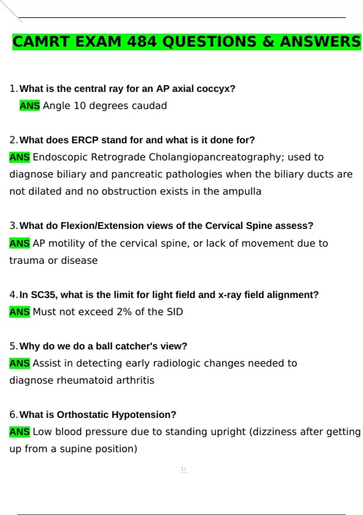 CAMRT EXAM (484 Questions) Latest 2025 Actual Questions and Verified Answers (2025 / 2026) A+ ...