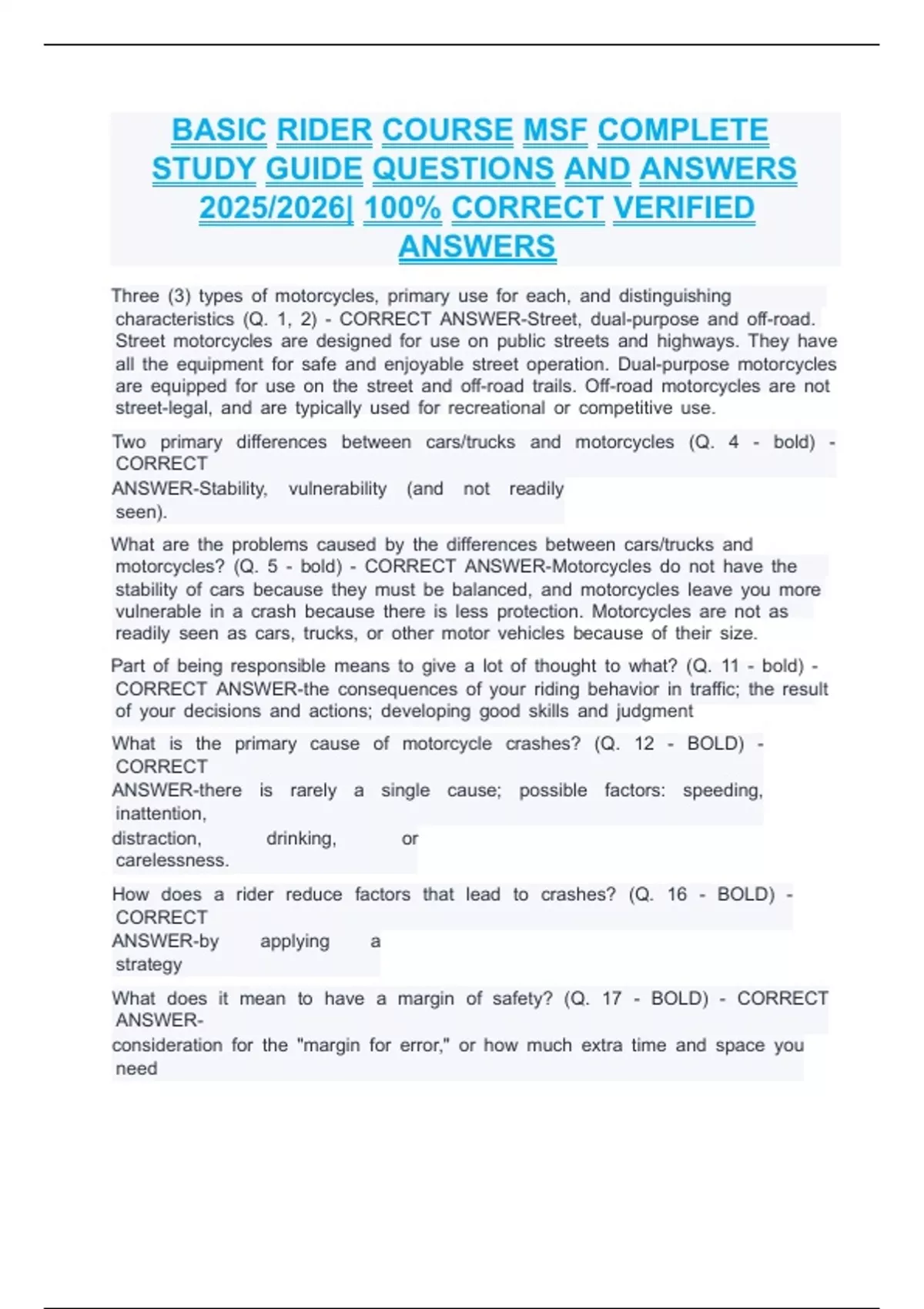 Basic Rider Course MSF Complete Study Guide questions and answers 2025/ ...