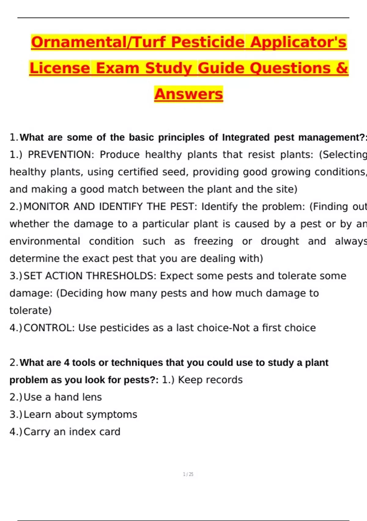 Ornamental & Turf Pesticide Applicators License Exam Study Guide Latest 2025 Actual Questions ...