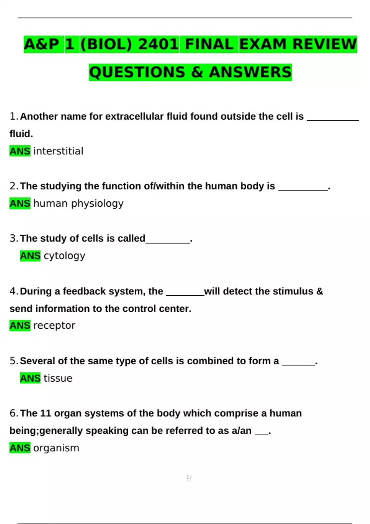 A&P 1 (BIOL) 2401 Final Exam Review (Latest 2025 / 2026 Update ...