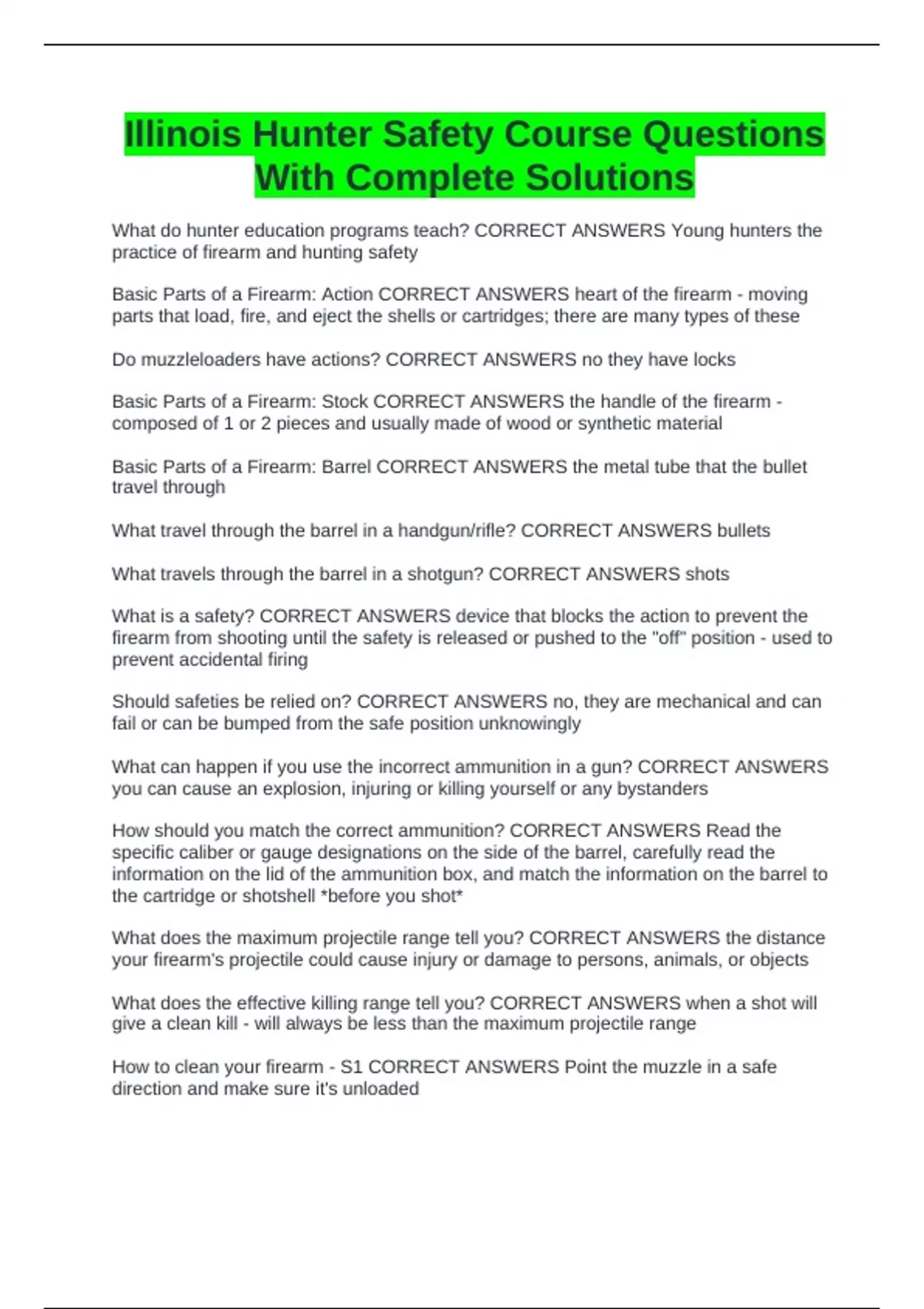 Illinois Hunter Safety Course Questions With Complete Solutions ...