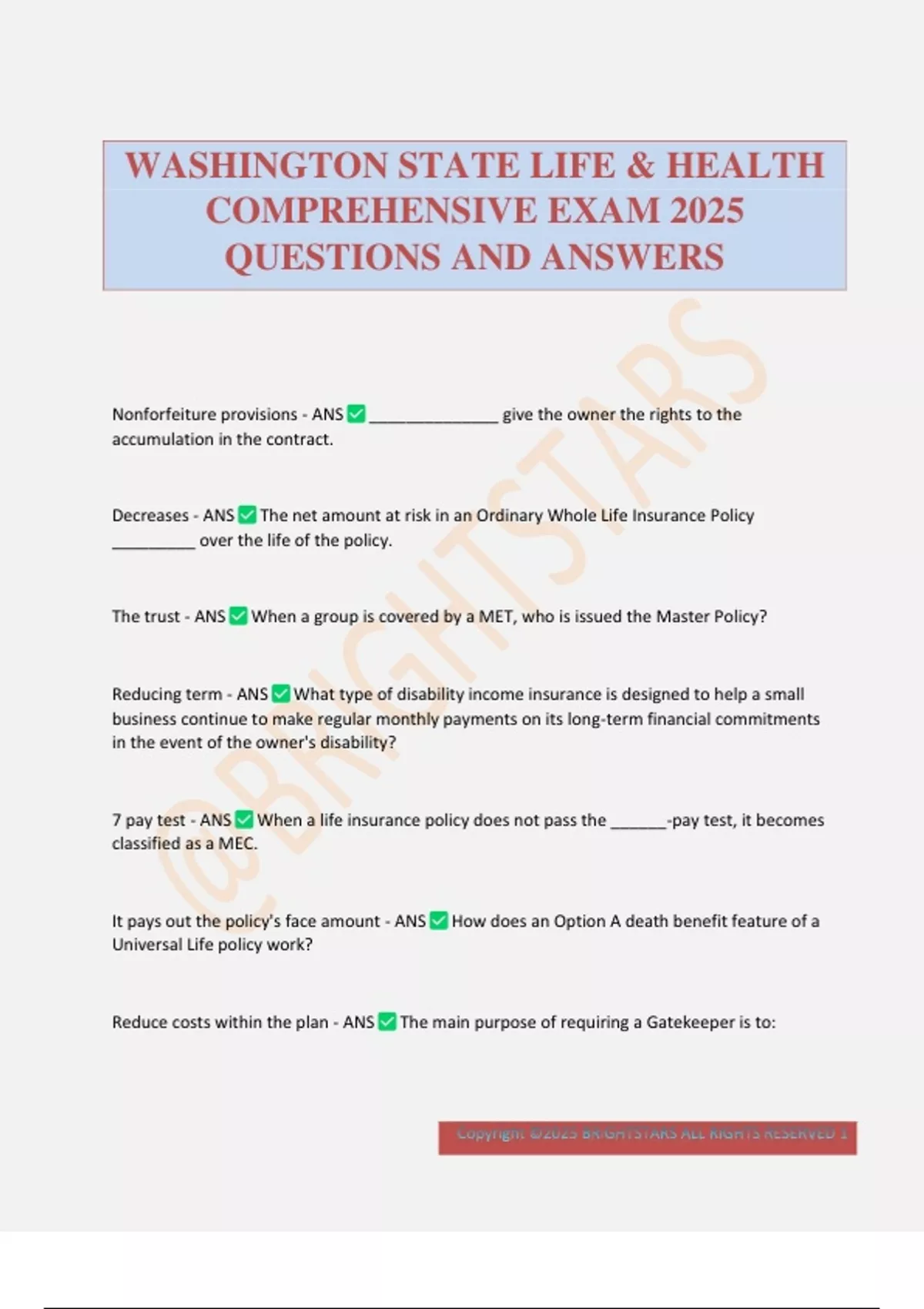 WASHINGTON STATE LIFE &amp; HEALTH COMPREHENSIVE EXAM 2025 QUESTIONS AND ANSWERS - WASHINGTON STATE ...