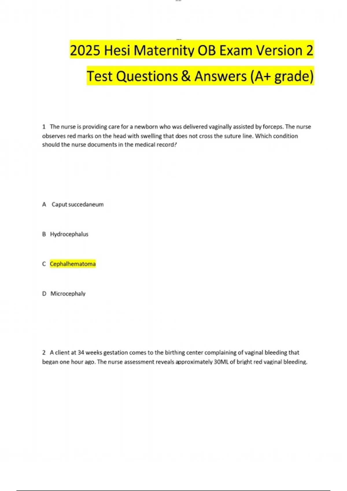 2025 Hesi Maternity OB Exam Version 2 Test Questions & Answers (A+ ...