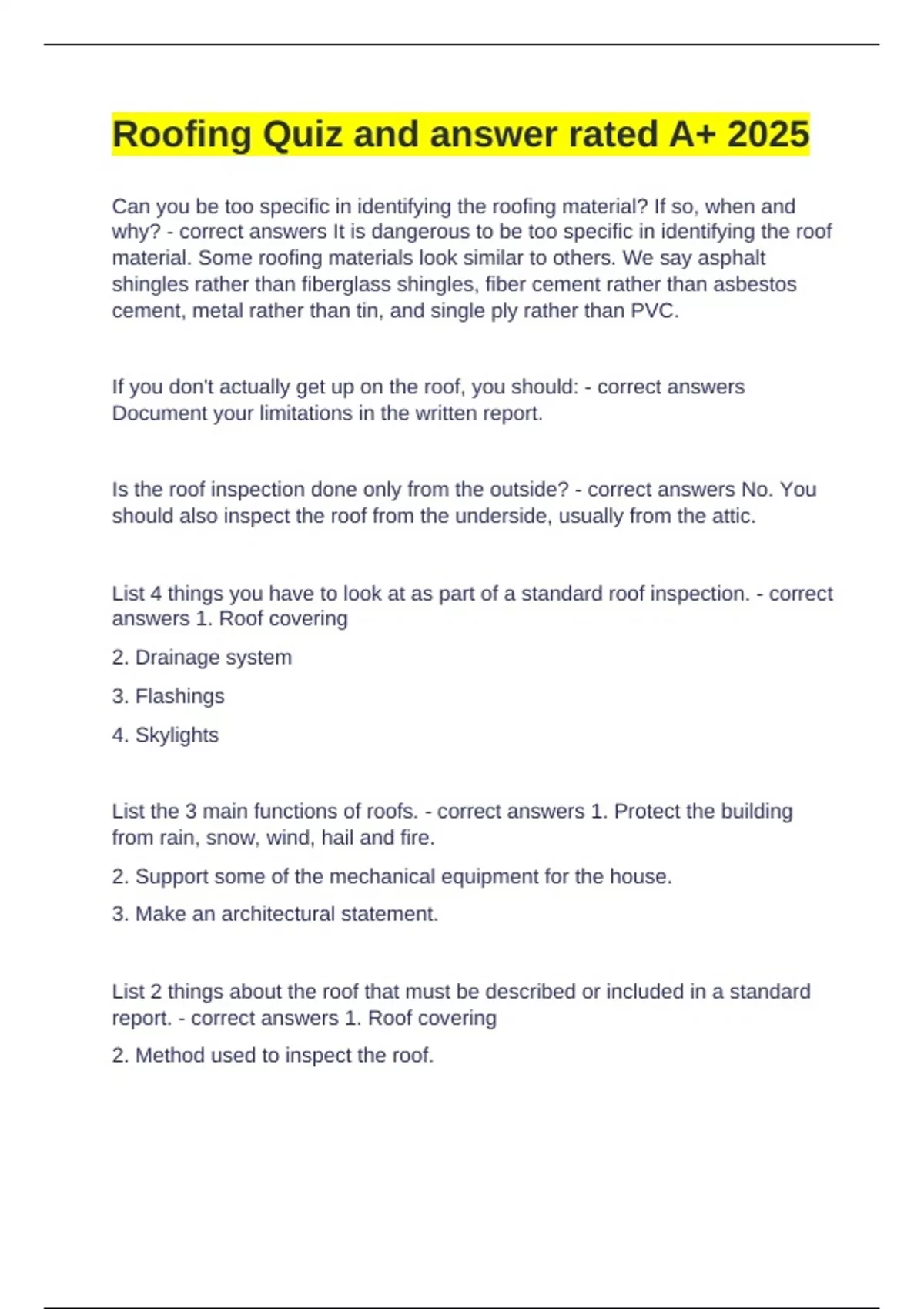 Roofing Quiz and answer rated A+ 2025 - Roofing - Stuvia US