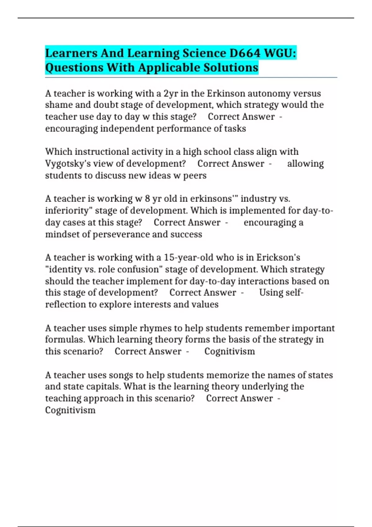 Learners And Learning Science D664 WGU: Questions With Applicable ...