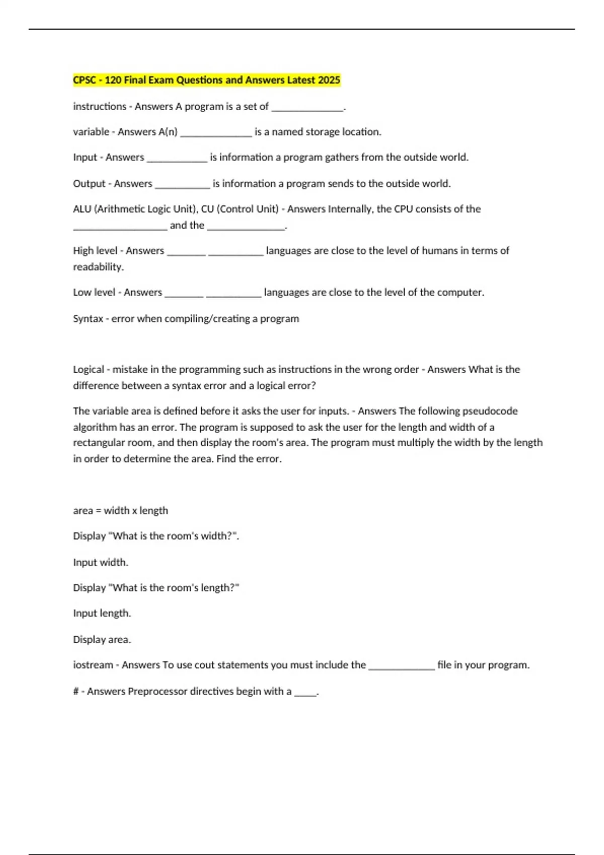 CPSC - 120 Final Exam Questions and Answers Latest 2025 - CPSC - 120 ...