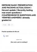 DEFENSE BASIC PRESERVATION AND PACKING ACTUAL EXAM &vert; Newest update &vert; Recently testing real exam questions &vert; COMPREHENSIVE QUESTIONS AND VERIFIED ANSWERS &vert; already graded A&plus;