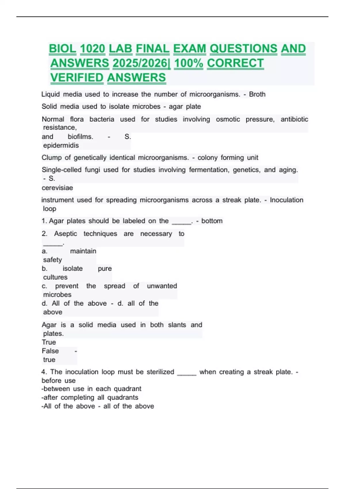 BIOL 1020 LAB FINAL EXAM QUESTIONS AND ANSWERS 2025/2026| 100% CORRECT ...