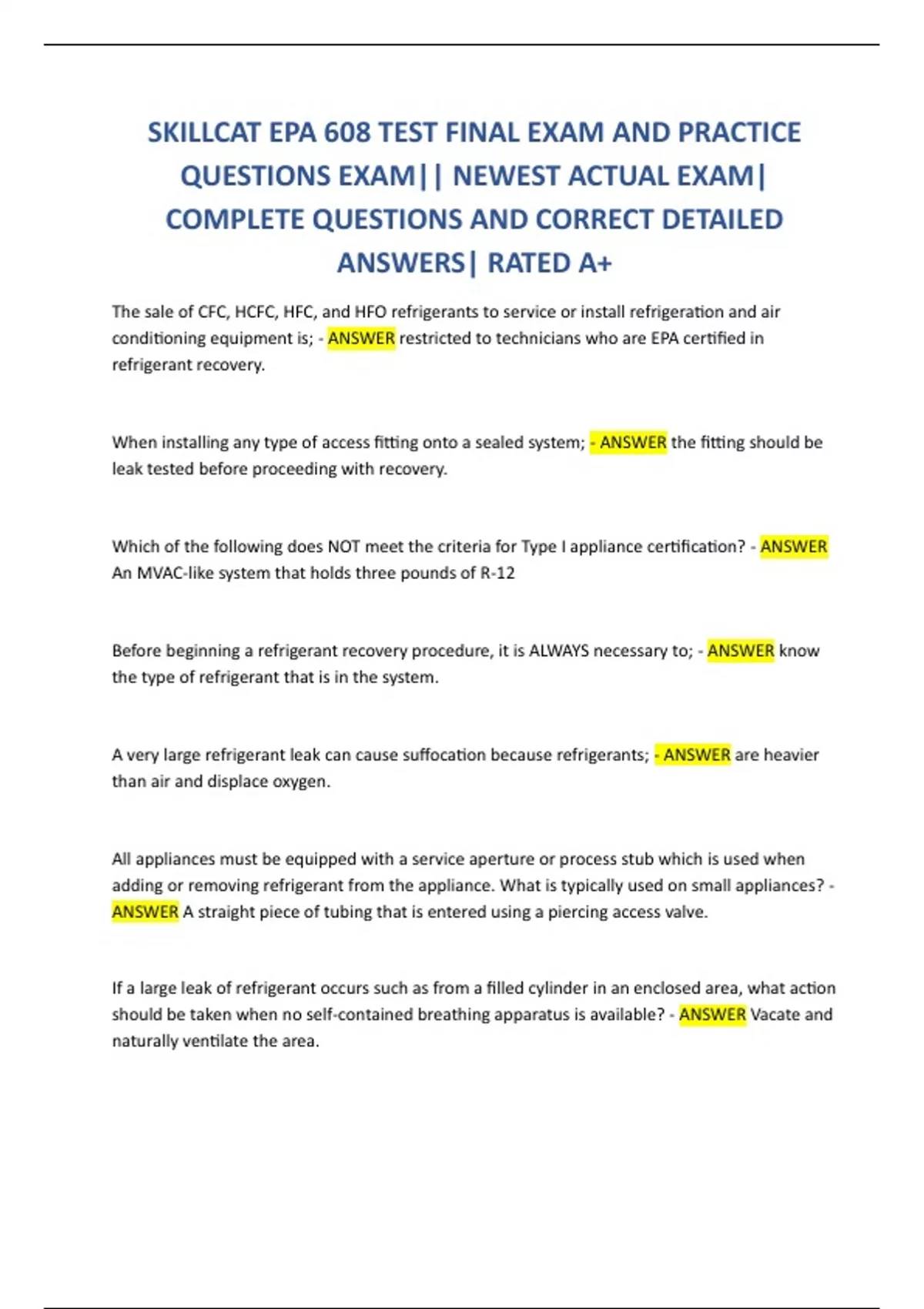 SKILLCAT EPA 608 TEST FINAL EXAM AND PRACTICE QUESTIONS EXAM|| NEWEST ...