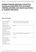 Michigan Pesticide Applicator License Core Commercial QUESTIONS WITH ACCURATE VERIFIED ANSWERS &lpar;ACCURATE SOLUTIONS&rpar; A&plus; PASSED&excl;&excl; 2025 EXAM
