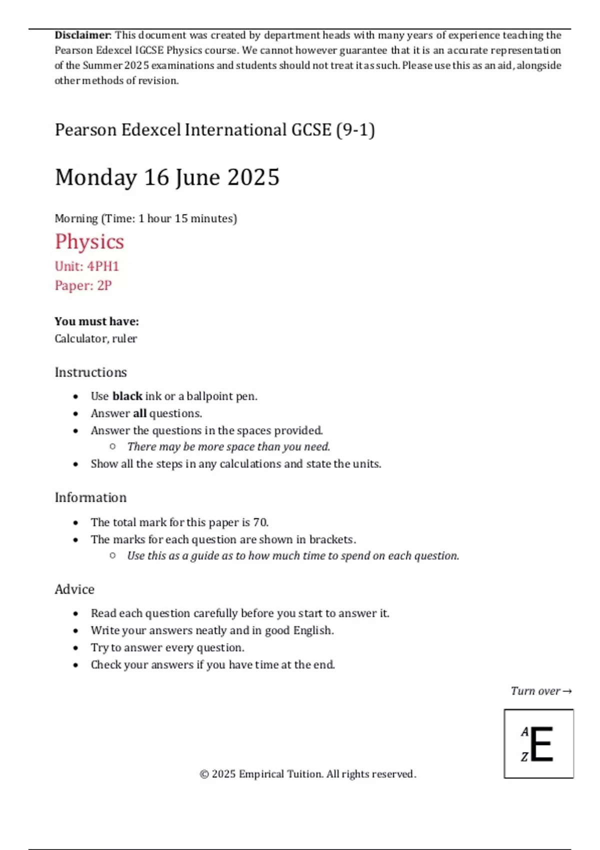 Summer 2025 IGCSE Physics Predicted Exam - Edexcel Paper 2P - Science ...