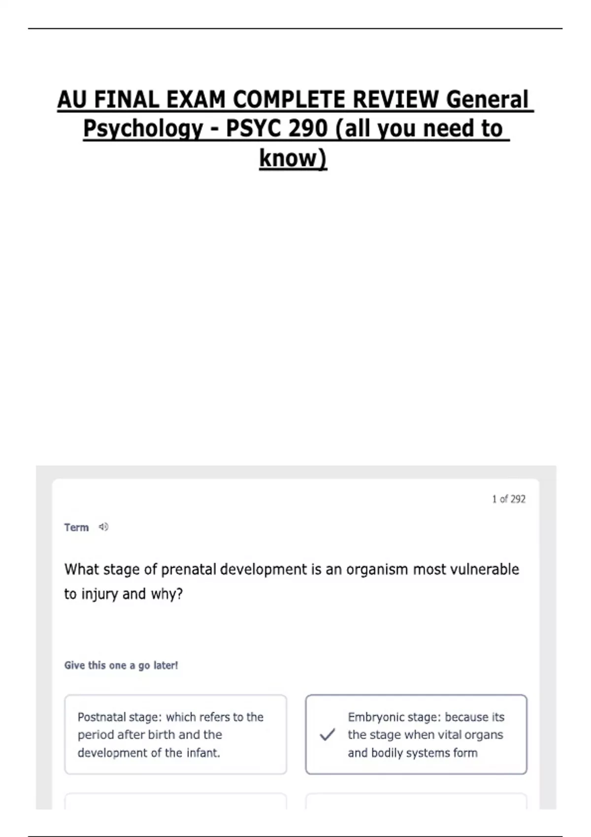 AU FINAL EXAM COMPLETE REVIEW General Psychology - PSYC 290 (all you ...