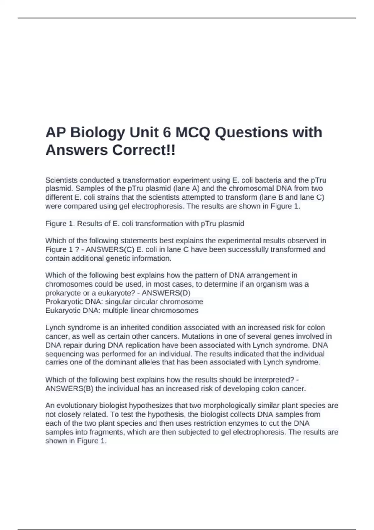 AP Biology Unit 6 MCQ Questions with Answers Correct!! - AP Biology ...