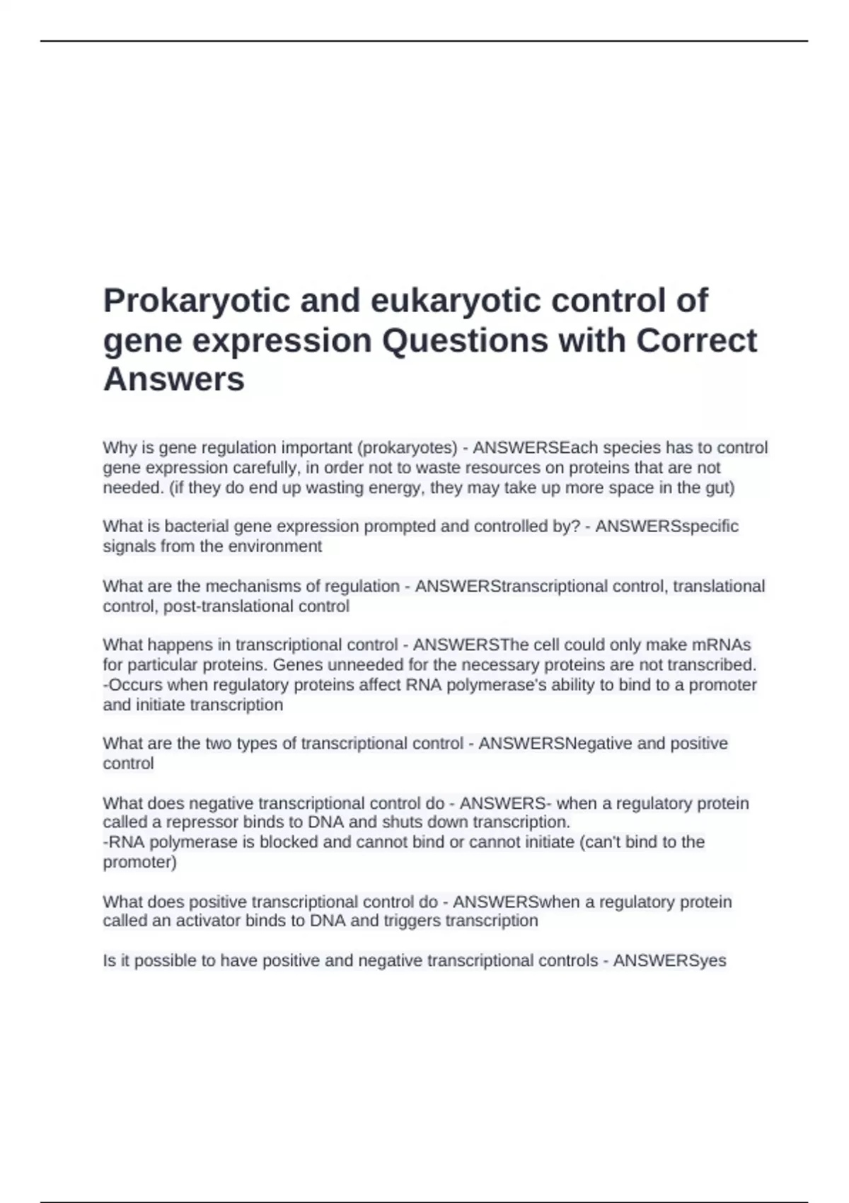 Prokaryotic and eukaryotic control of gene expression Questions with ...