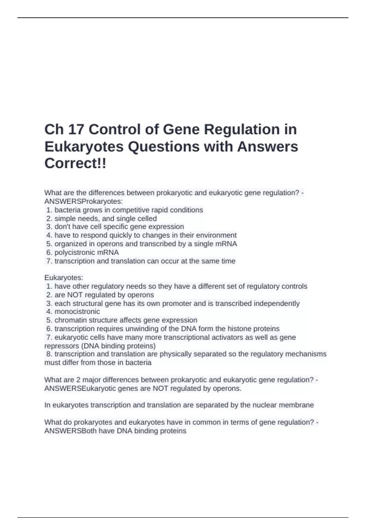 Ch 17 Control of Gene Regulation in Eukaryotes Questions with Answers ...