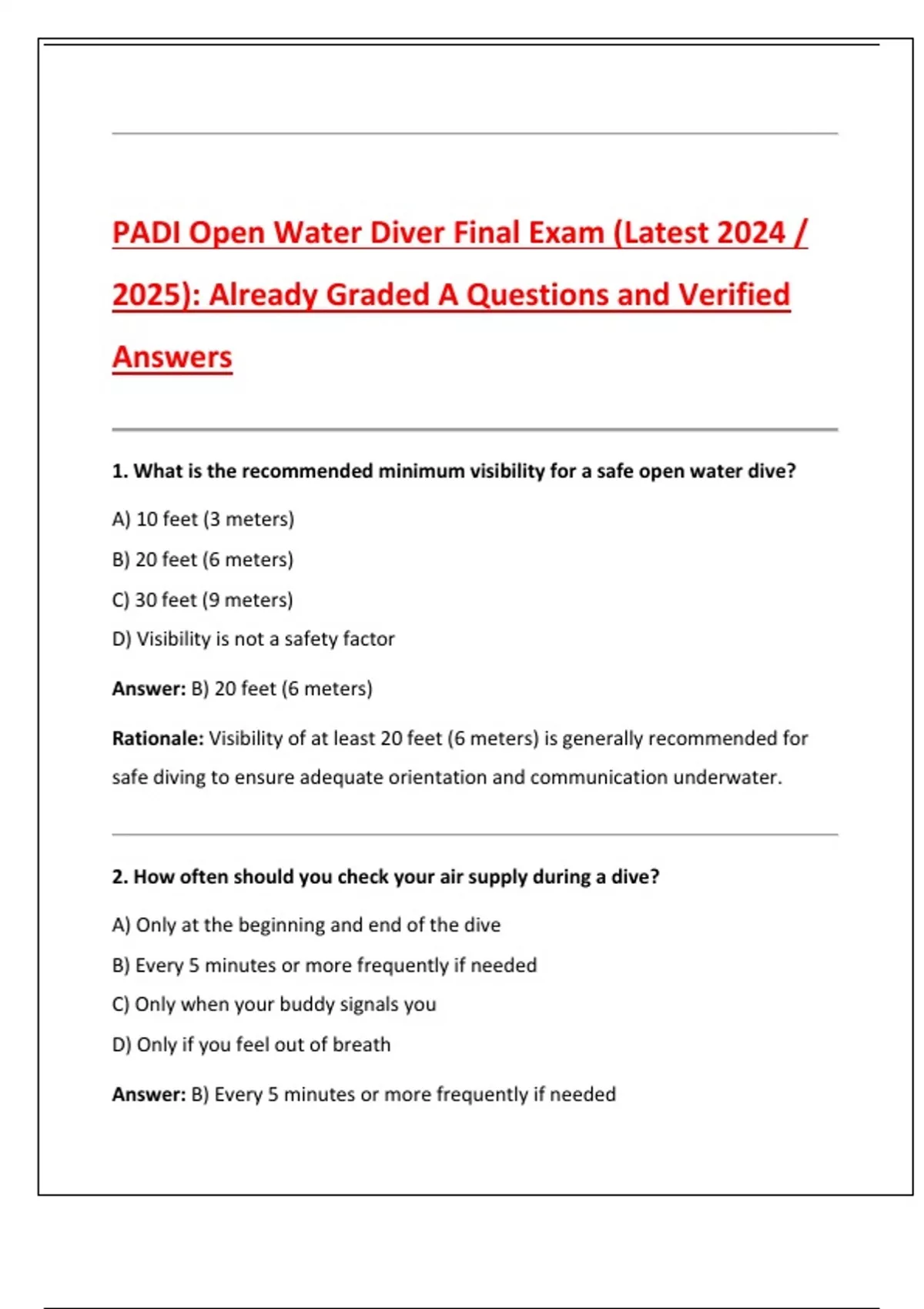 PADI Open Water Diver Final Exam (Latest 2024 / 2025): Already Graded A Questions and Verified ...