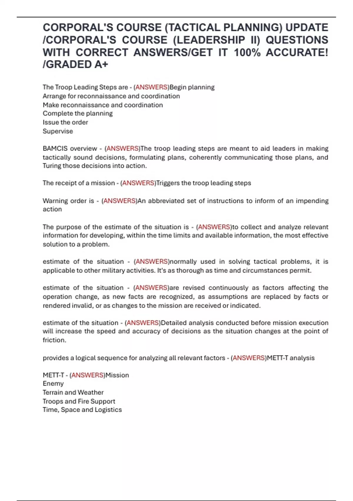 CORPORAL'S COURSE (TACTICAL PLANNING) UPDATE /CORPORAL'S COURSE ...