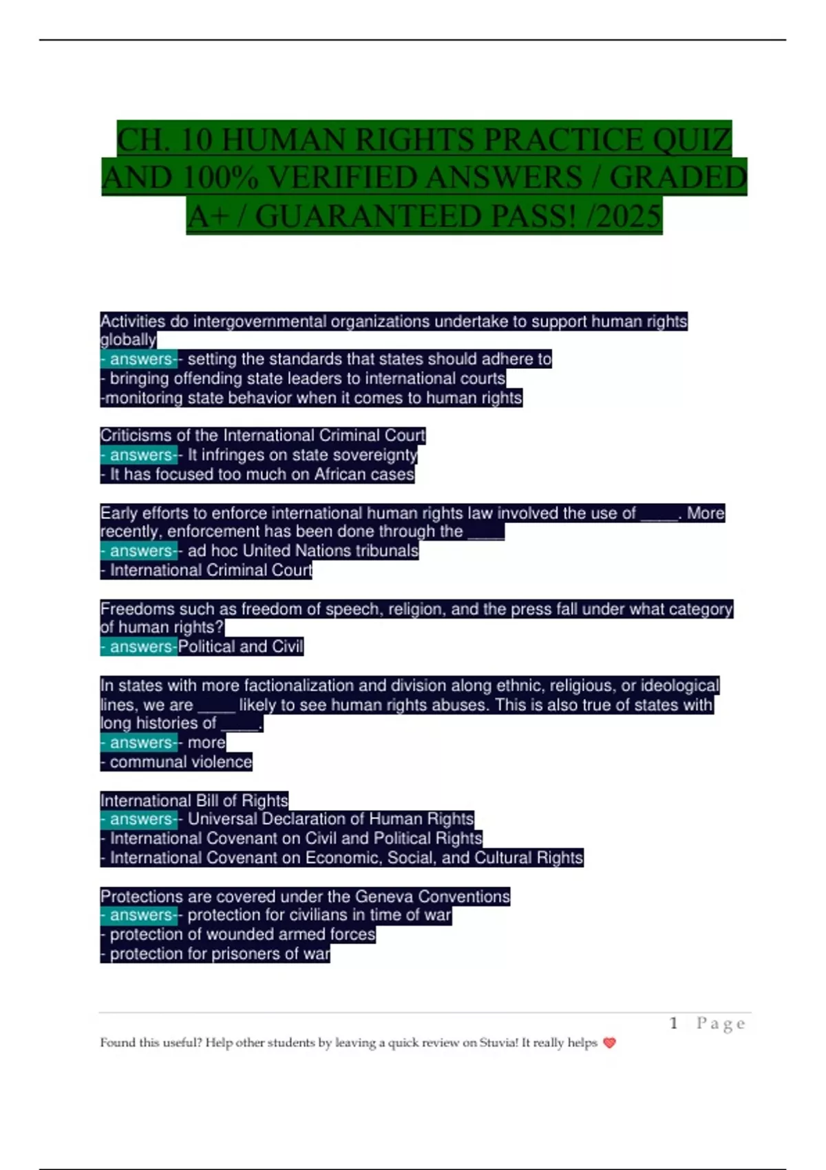 HUM 305: International Human Rights Law & Practice – Comprehensive Quiz ...