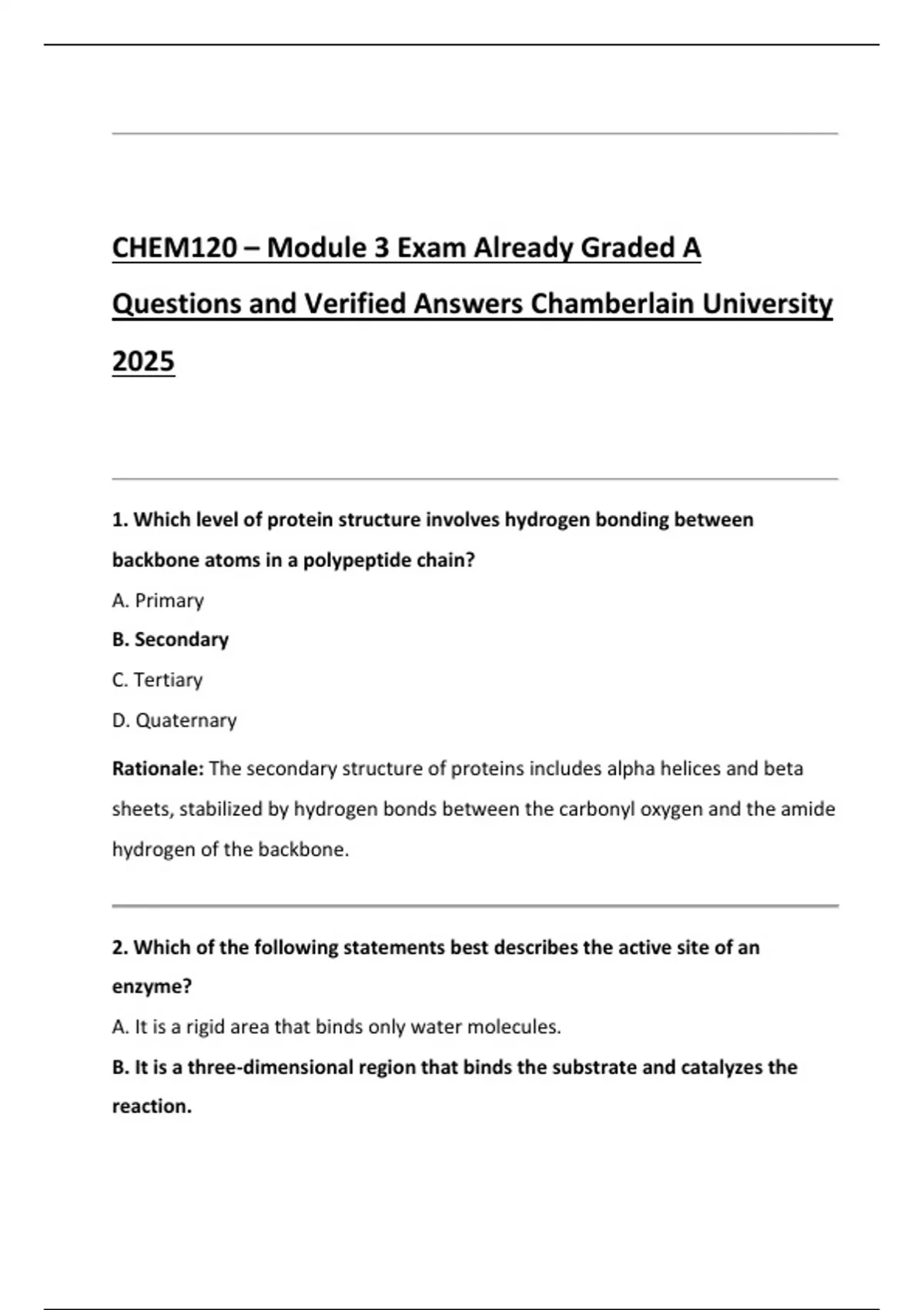 CHEM120 Biochemistry — Module 3 Final Assessment Review (Latest 2024 / ...