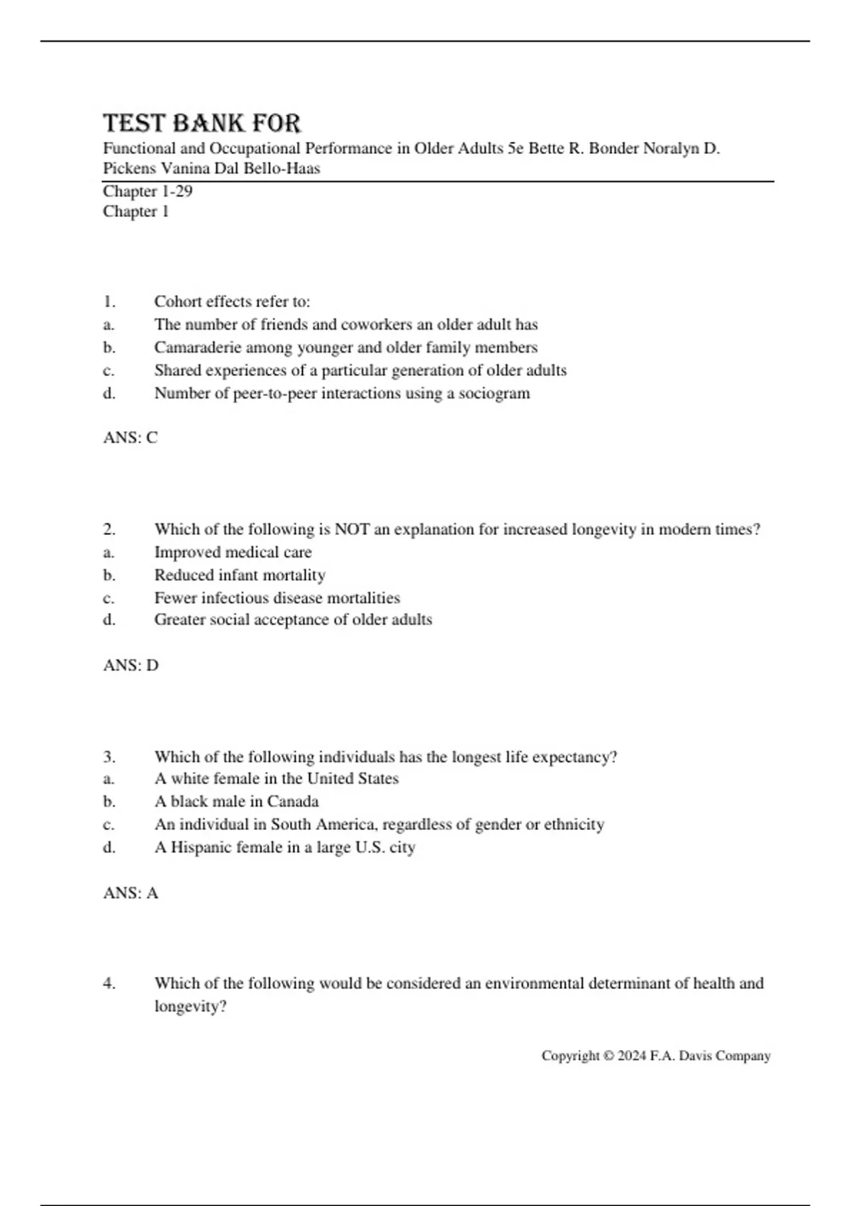 Test Bank For Functional and Occupational Performance in Older Adults ...