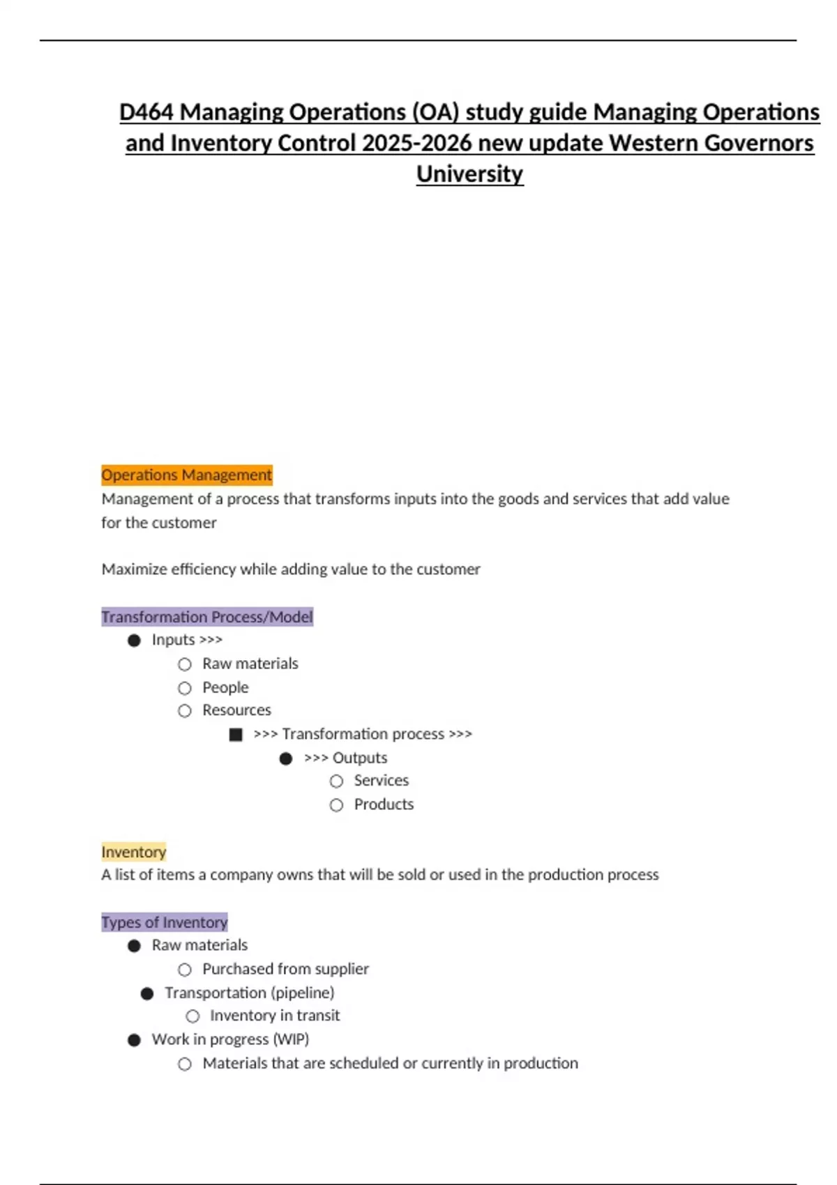 Managing Oa D464 Managing Operations (OA) study guide Managing Operations and ...