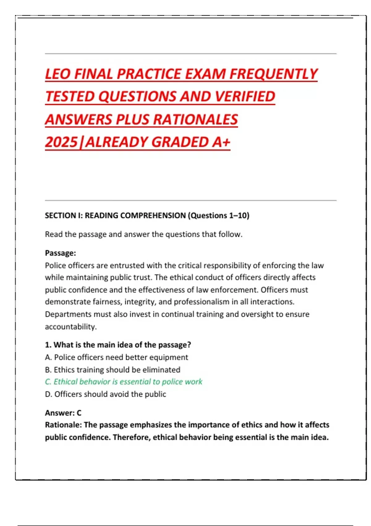LEO FINAL PRACTICE EXAM FREQUENTLY TESTED QUESTIONS AND VERIFIED ...