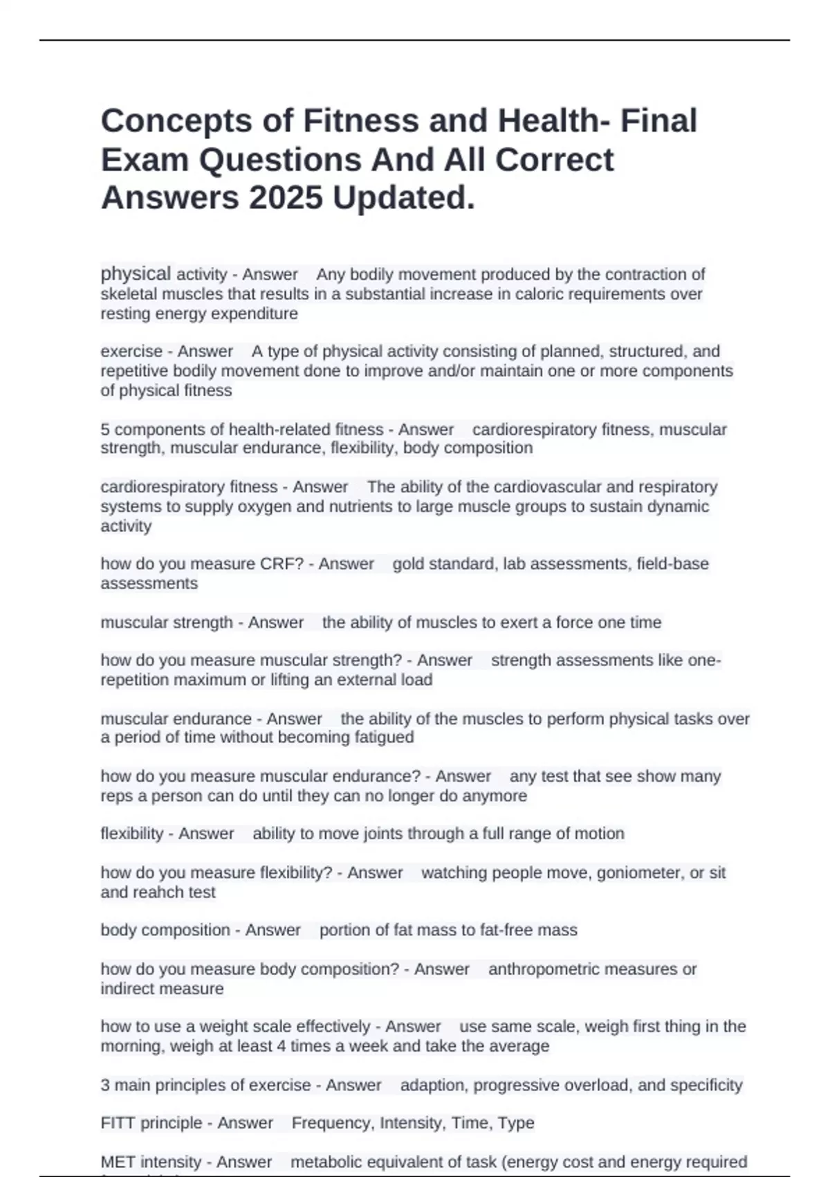 Concepts of Fitness and Health- Final Exam Questions And All Correct ...