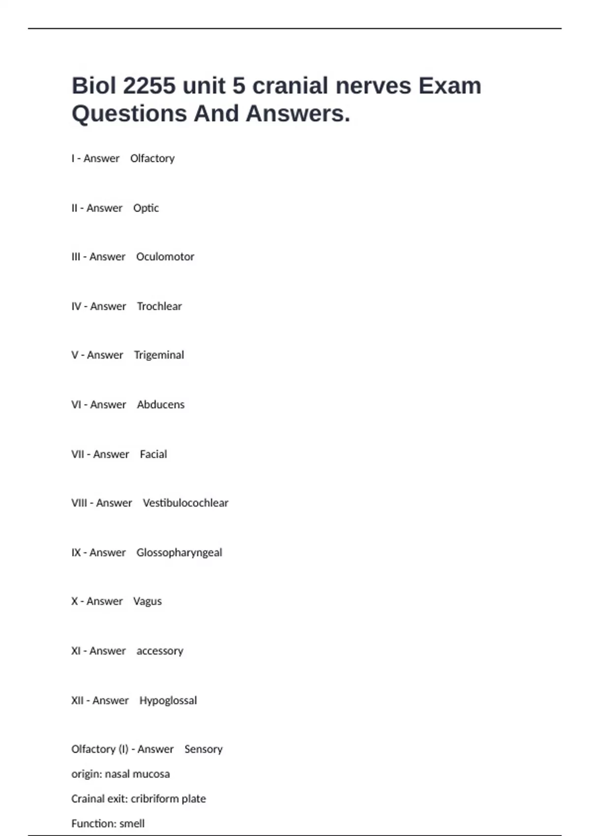 Biol 2255 unit 5 cranial nerves Exam Questions And Answers. - BIOL 2255 ...