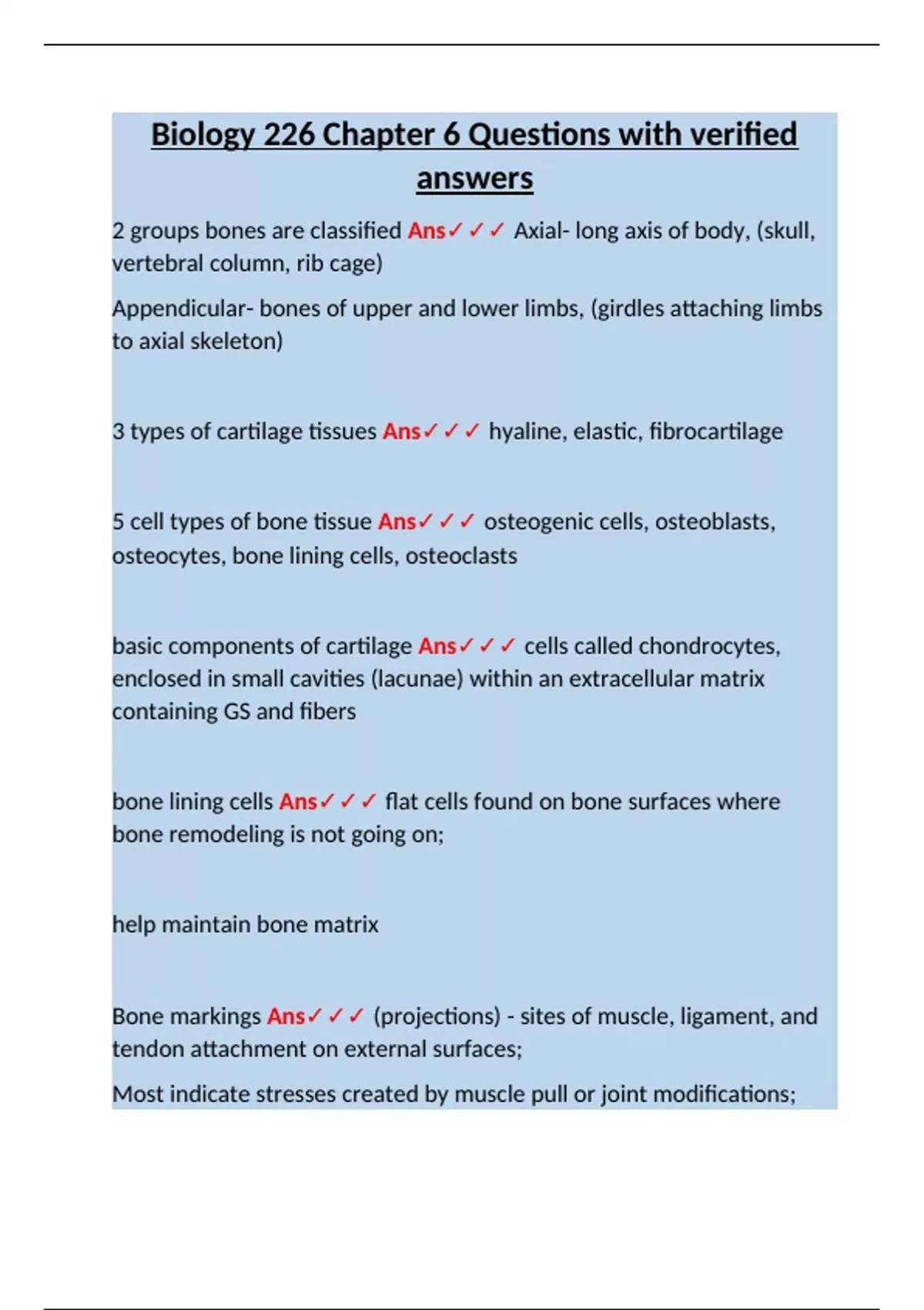 Biology 226 – Chapter 6 – Verified Questions and Answers on Bone Tissue ...