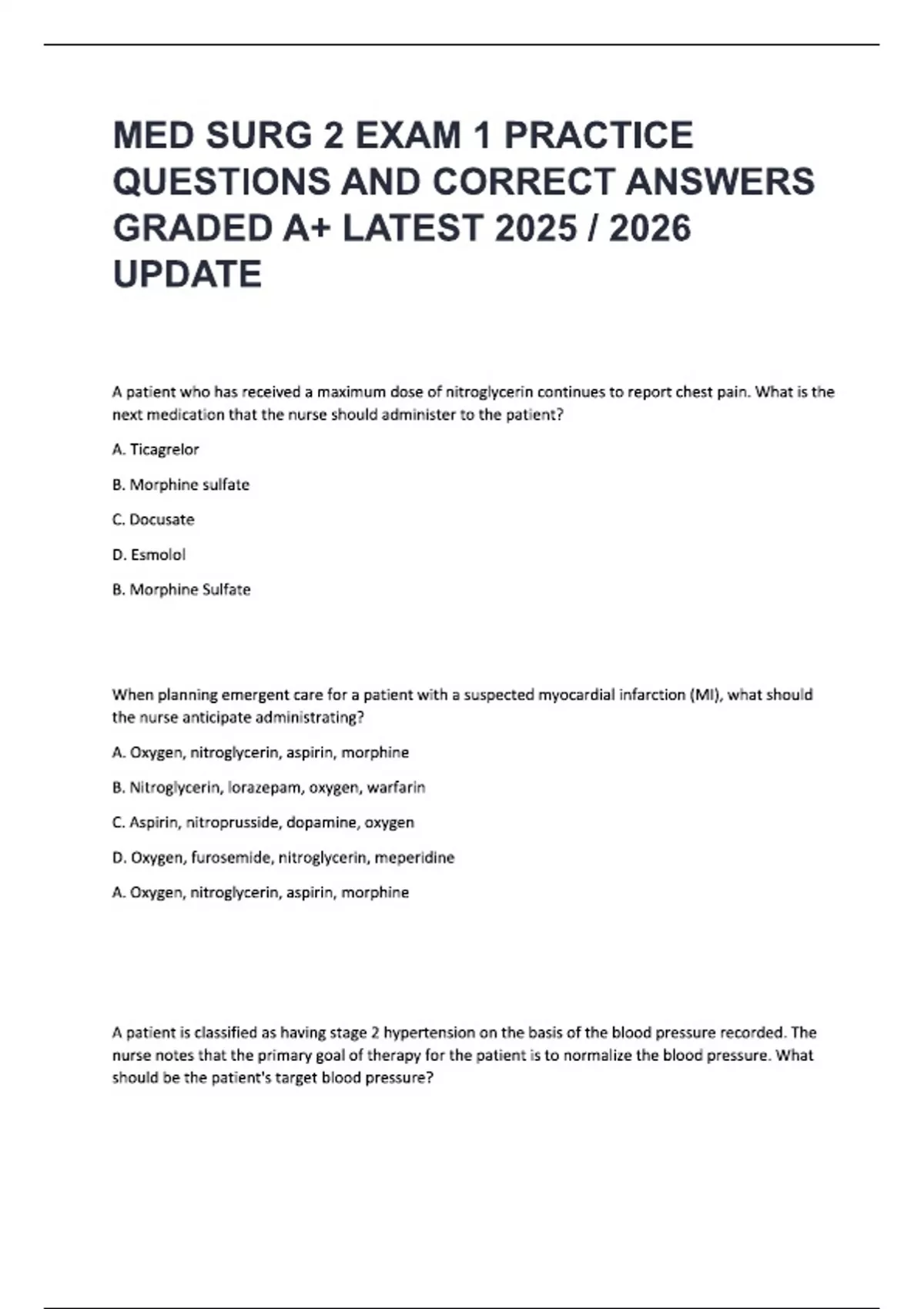 MED SURG 2 EXAM 1 PRACTICE QUESTIONS AND CORRECT ANSWERS GRADED A+ ...