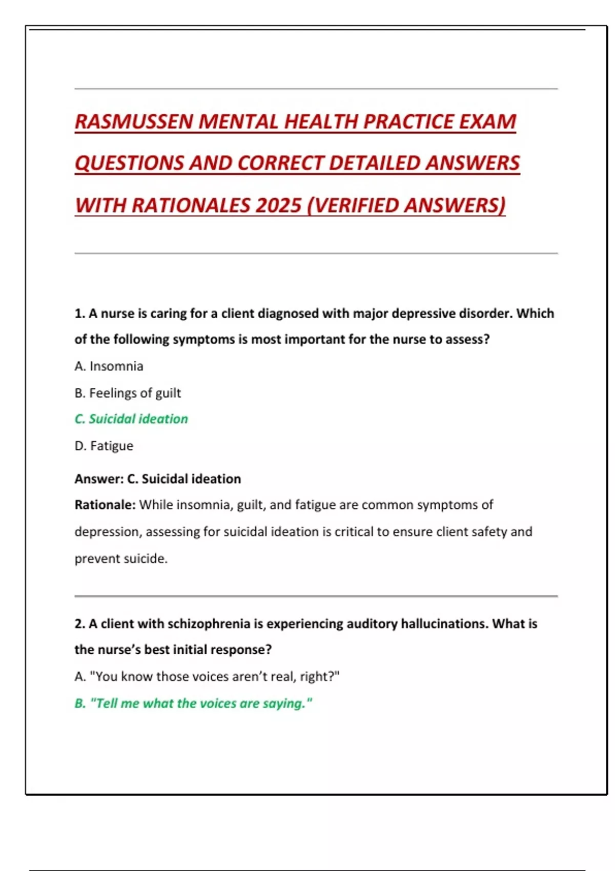RASMUSSEN MENTAL HEALTH PRACTICE EXAM QUESTIONS AND CORRECT DETAILED ...
