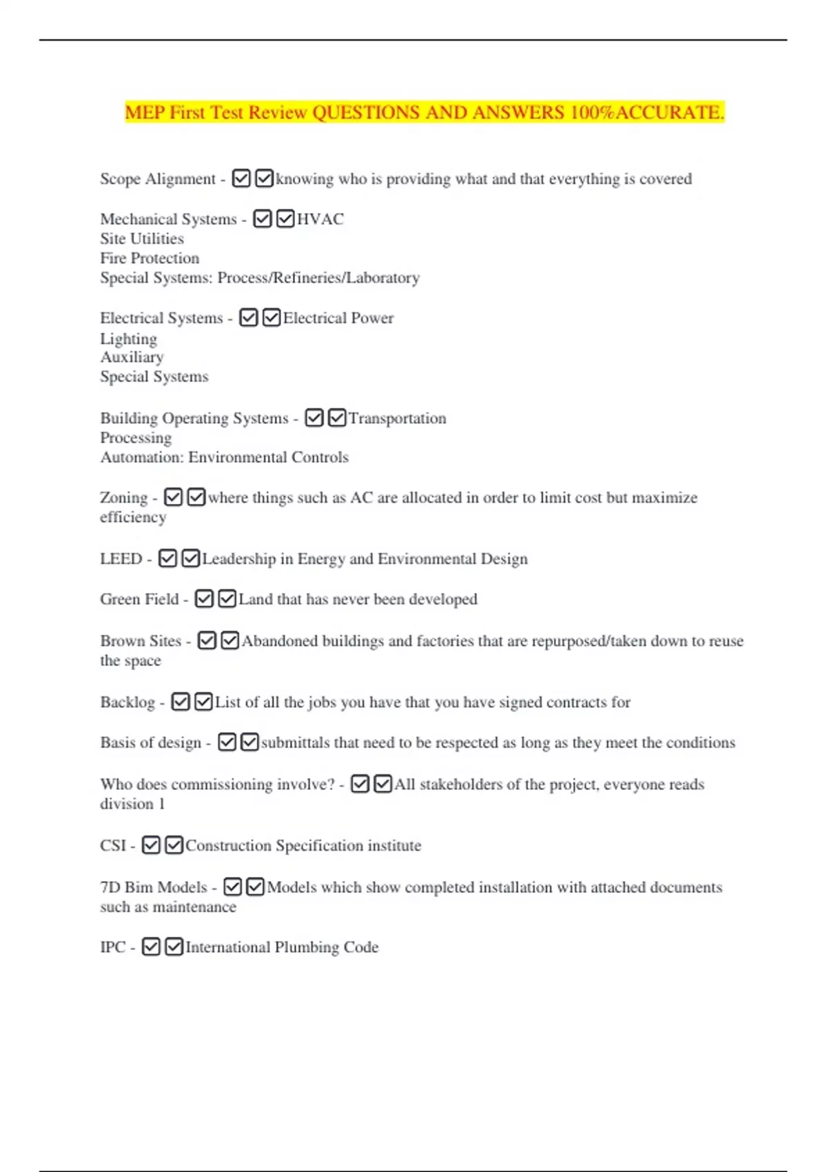 MEP First Test Review QUESTIONS AND ANSWERS 100%ACCURATE - MEP - Stuvia US