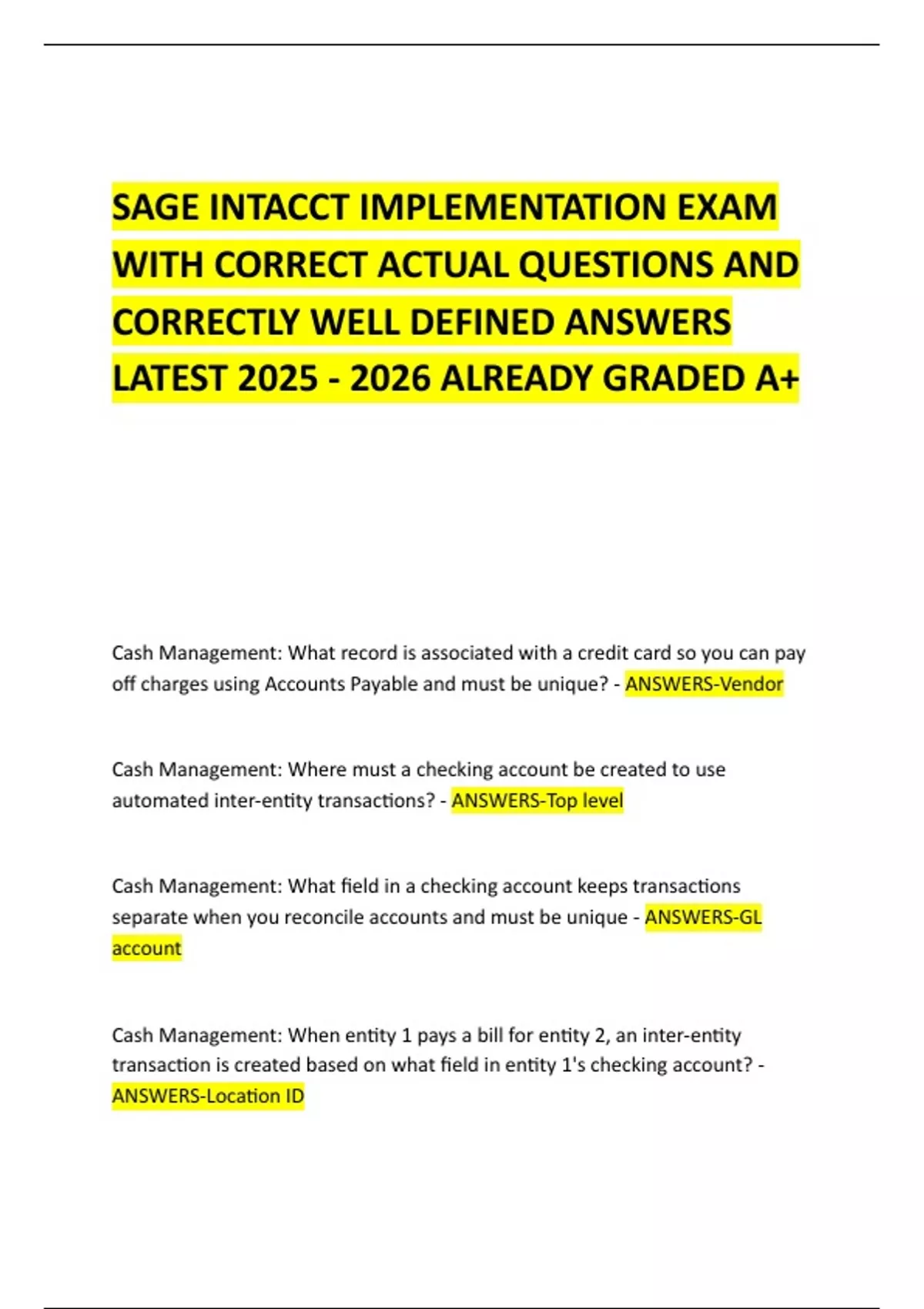 SAGE INTACCT IMPLEMENTATION EXAM WITH CORRECT ACTUAL QUESTIONS AND ...